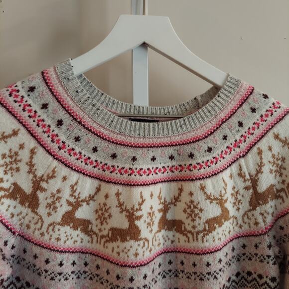 Talbots Sweater Medium Speckled Fair Isle Cozy Preppy Crew Neck Reindeer - Picture 3 of 7